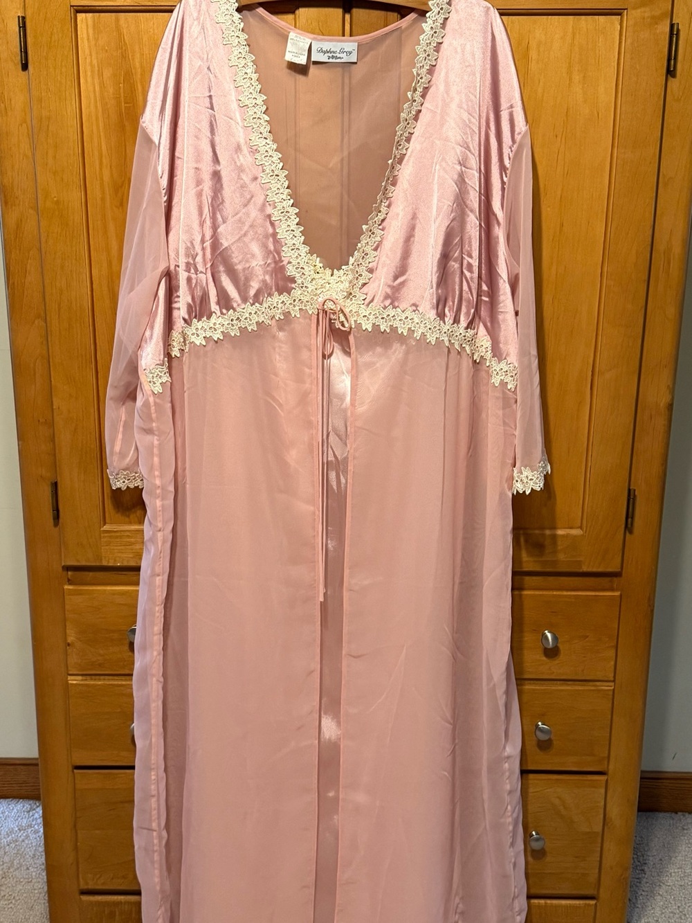 Vintage-Style Blush Pink Long Robe with Lace Trim